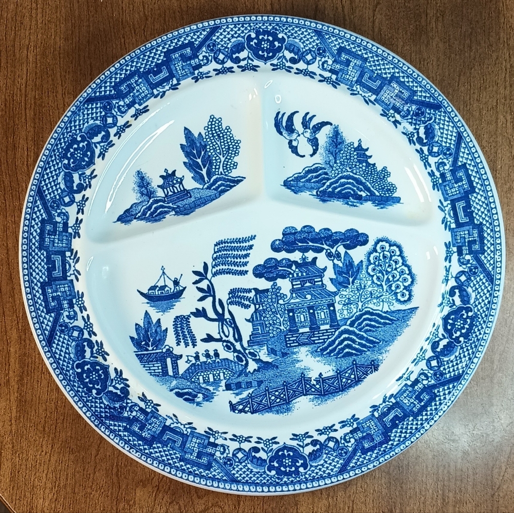 Vtg Cobalt Blue Willow Ware 3 Part Plate 10 Inch Antique Collectible Heavyweight